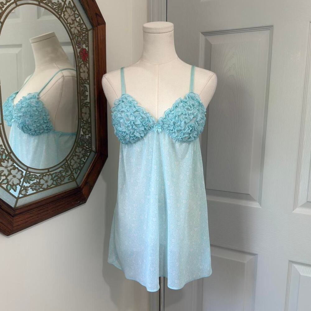 Cinema Etoile Seductive Wear Light Blue Ditzy Floral Ruffled Coquette Sheer Slip
